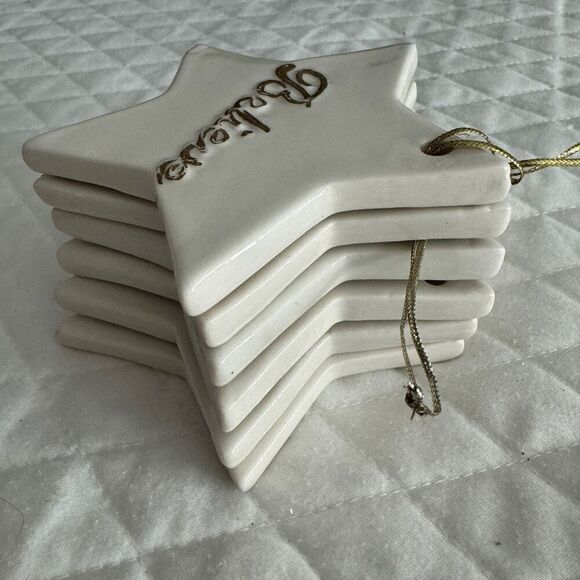 Star Christmas Ornaments Cream Gold Lettering Ceramic 6 Pieces - Picture 4 of 5